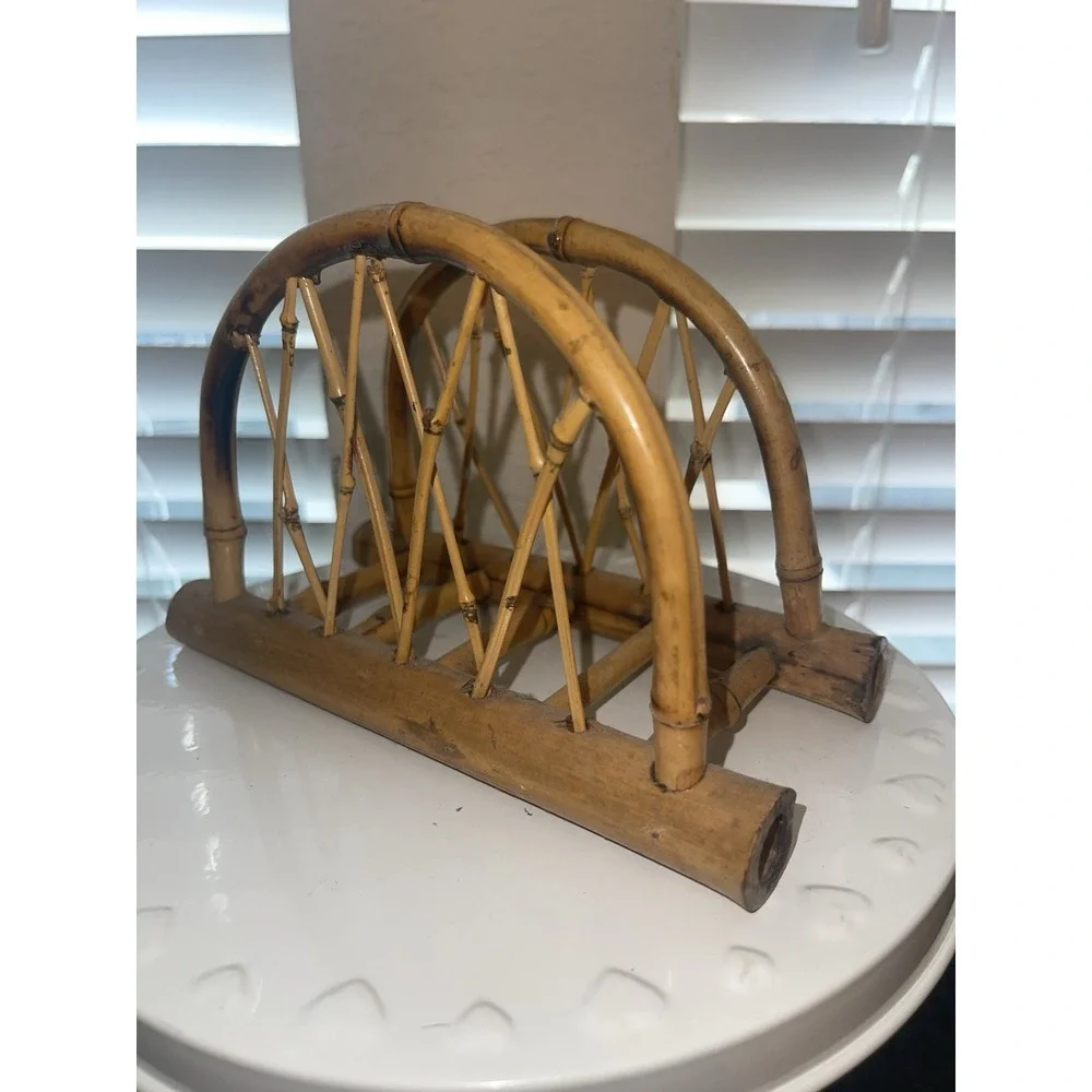 Vintage MCM Bamboo Wicker Rattan Napkin Letter Holder 7